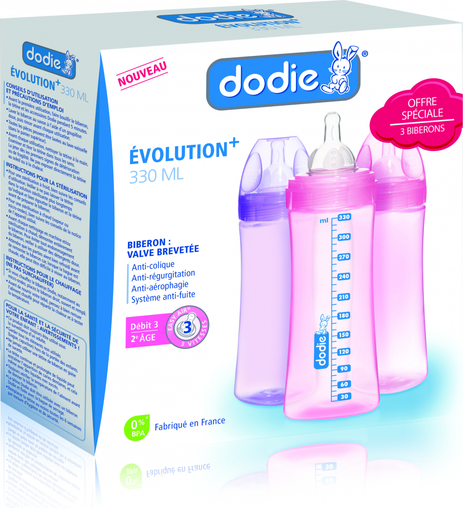 Coffret Dodie 3 biberons Evolution 330ml Rose - Definitive Dodie